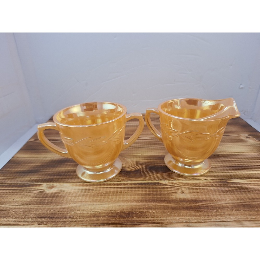 FIRE KING OVEN WARE PEACH LUSTER‎ LAUREL LEAF SUGAR BOWL AND CREAMER